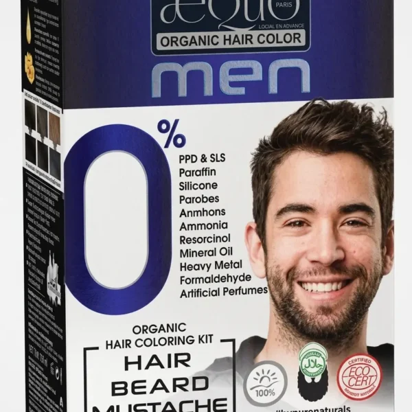 Aequo Organic Hair Color for Men in Dark Brown 3N box packaging, designed for hair, beard, and mustache.
