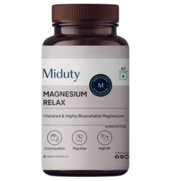 Miduty Magnesium Relax Chelated-Migraine-High BP-Constipation-Magnesium Bisglycinate Capsule